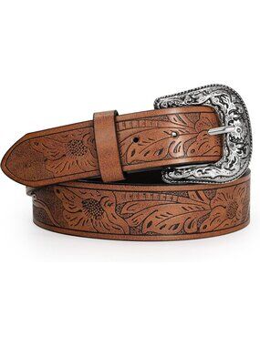 Unisex Brown Leather Belt Vintage Western Cowboy Belt Engraved Buckle Belt